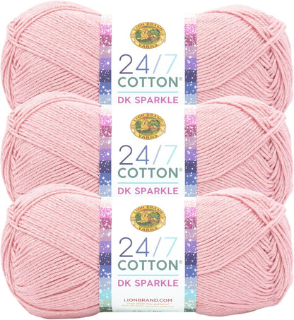 Lion Brand Yarn 24/7 Cotton DK Sparkle Lightweight Yarn for Crochet, Knitting, Crafts, Pink Diamond, Metallic Baby Pink, 3 Pack, Natural Fiber for Soft Shawls, Light Blankets, Summer Projects