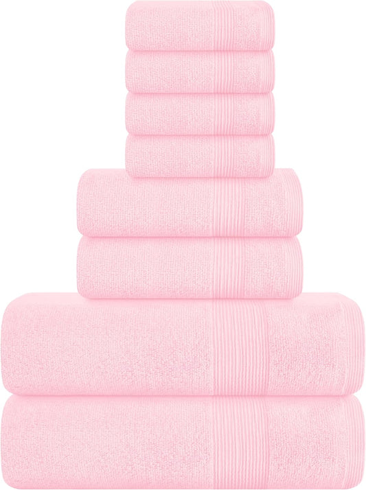 Belizzi Home 8 Piece Towel Set 100% Ring Spun Cotton, 2 Bath Towels 27x54, 2 Hand Towels 16x28 and 4 Washcloths 13x13 - Ultra Soft Highly Absorbent Machine Washable Hotel Spa Quality - Pink