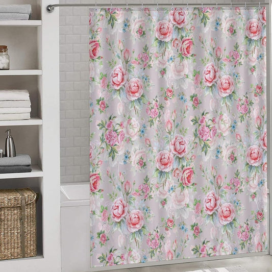 Floral Botanical Shower Curtain Rustic Vintage Watercolor Pink Flowers Blossom Green Leaves Art Print Waterproof Bath Curtain for Bathroom Decor with 12 Hooks 72x72 Inch