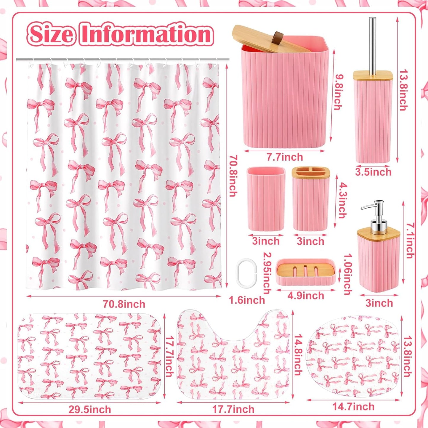 Patelai 10 Pcs Pink Bow Bathroom Accessories Set Cute Coquette Shower Curtain and Rugs Aesthetic Girly Bow Farmhouse Bathroom Decor Trash Can Soap Dish Toilet Lid Cover Toothbrush Holder Cup for Home