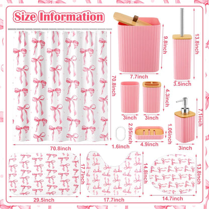 Patelai 10 Pcs Pink Bow Bathroom Accessories Set Cute Coquette Shower Curtain and Rugs Aesthetic Girly Bow Farmhouse Bathroom Decor Trash Can Soap Dish Toilet Lid Cover Toothbrush Holder Cup for Home