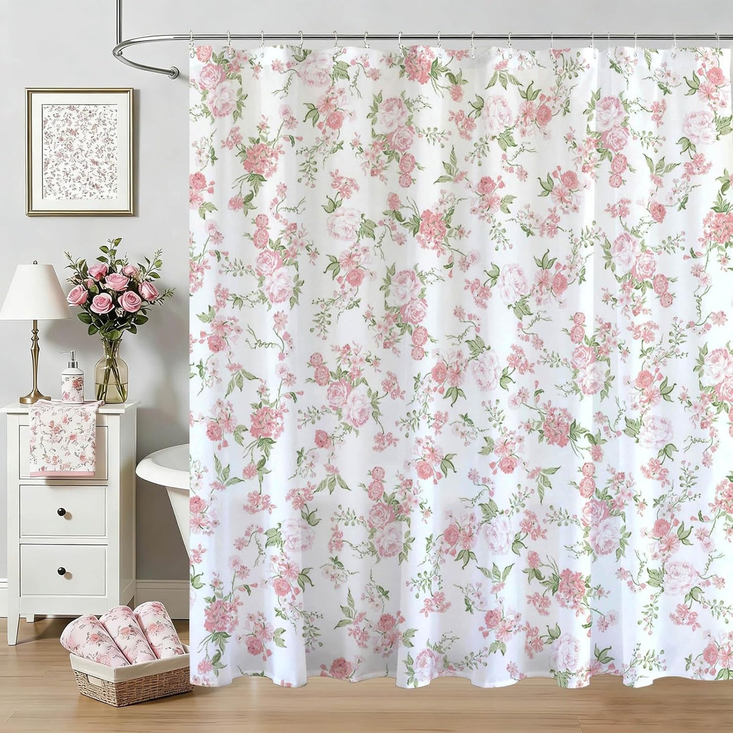 Mocsicka Floral Shower Curtain Pink Flowers Bathroom Shower Curtain Spring Pink Floral Waterproof Fabric Shower Curtains Bathtub Decor with 12 Hooks 72 X 72 Inch (Pink)