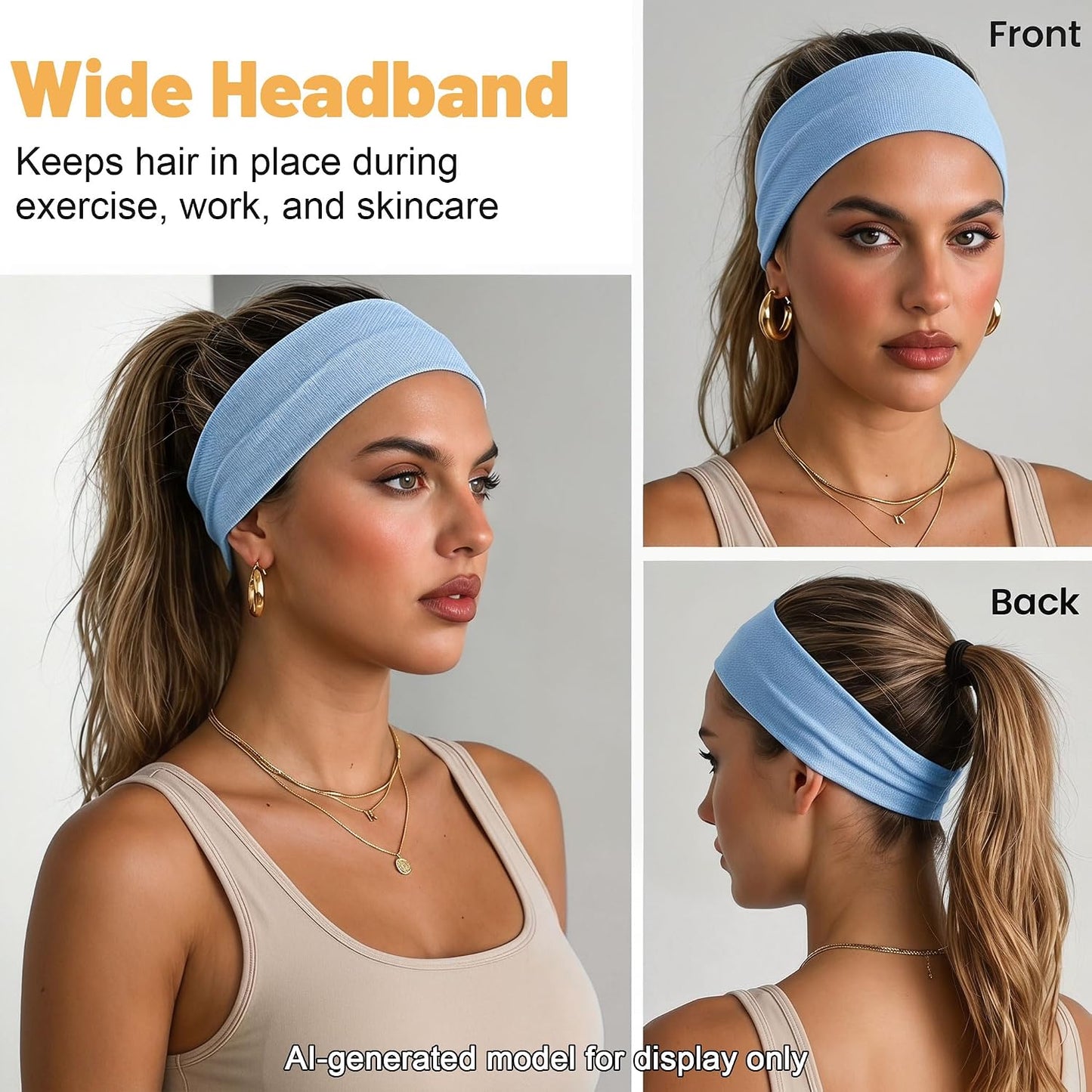 Headbands for Women Non Slip, Soft Cotton Elastic Cloth Hairband for Workout Gym Running Sports, Sweat Wicking Wide Headband, 3 Pack with Bag