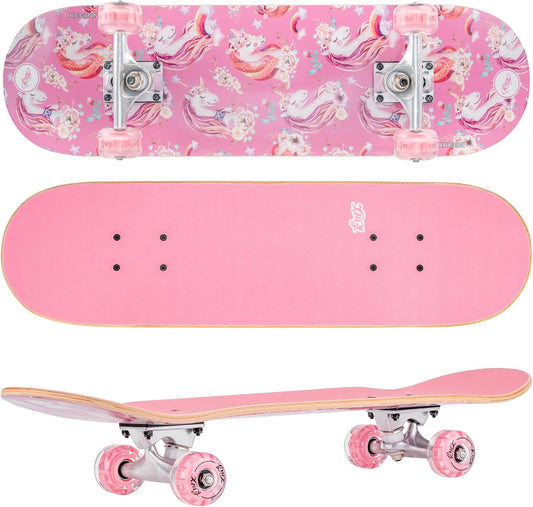 KMX Complete Skateboard for Beginners, 7-Layer Canadian Maple Double Kick Concave Deck| Aluminum Alloy Trucks | Beginner Skateboard for Boys, Girls, Kids, Teens, Adults