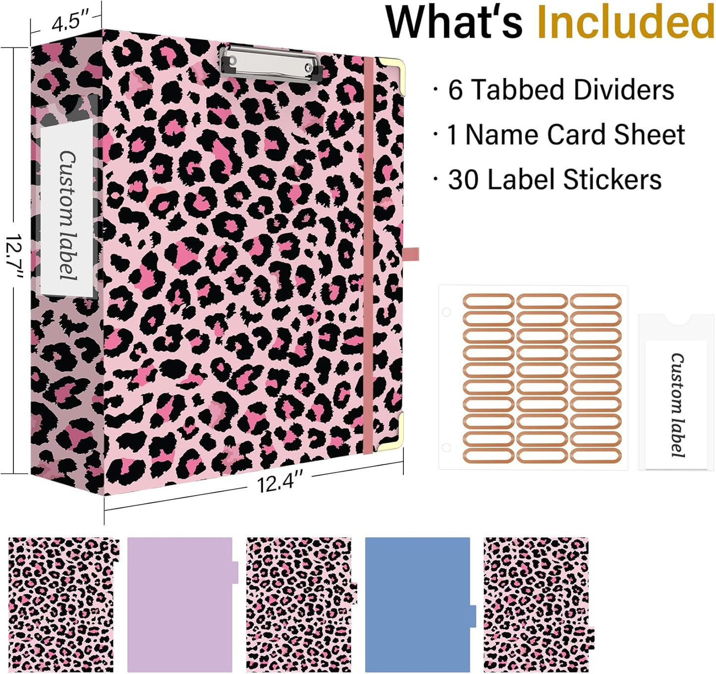 3 Ring Binder 3 Inch, Cute Round Ring Binder with 6 Tab Dividers & Label Stickers, Low Profile Clipboard with Storage, Fashion Binder for School Office Supplies (Pink Leopard)