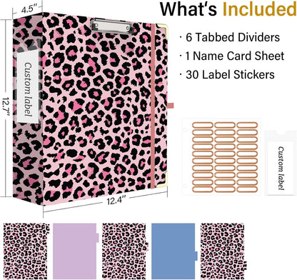 3 Ring Binder 3 Inch, Cute Round Ring Binder with 6 Tab Dividers & Label Stickers, Low Profile Clipboard with Storage, Fashion Binder for School Office Supplies (Pink Leopard)