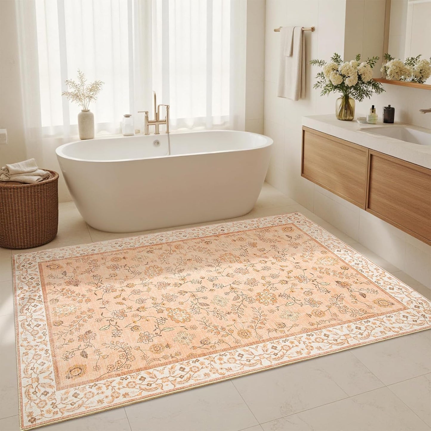 Goideal Peach Rug for Girls Room, 4x6 Floral Washable Area Rug Non Slip, Boho Low Pile Carpet with Rubber Backing for Bedroom Living Room Bathroom Playroom Nursery Office