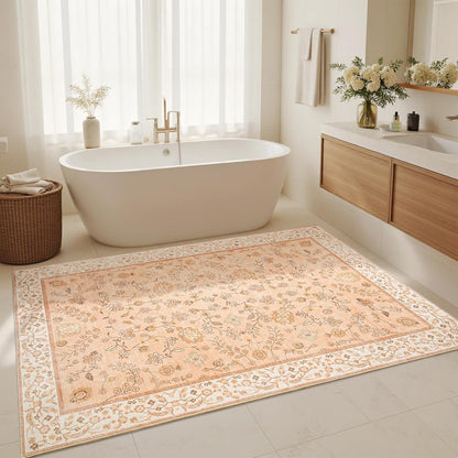 Goideal Peach Rug for Girls Room, 4x6 Floral Washable Area Rug Non Slip, Boho Low Pile Carpet with Rubber Backing for Bedroom Living Room Bathroom Playroom Nursery Office