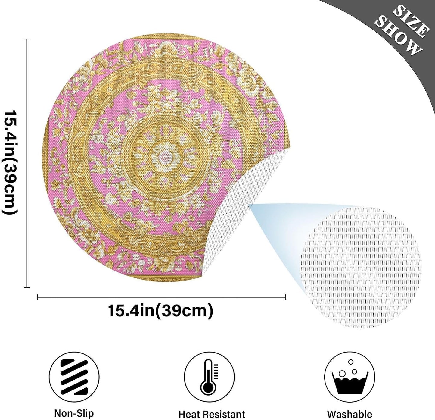 Retro Flower Pattern Gold and Peach Fabric placemats Round Reusable Chalkboard placemats placemat Washable Solid placemats for Dining Table Waterproof placemats for Kitchen Table 6 Place mats