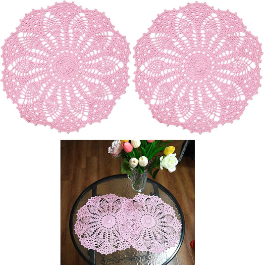 2 PCS 12 inches Lace Doilies Crochet Handmade Lace Coasters Round Placemat Rustic Table Doilies Decors for Wedding Kitchen Dining Room Party Dressers Pink