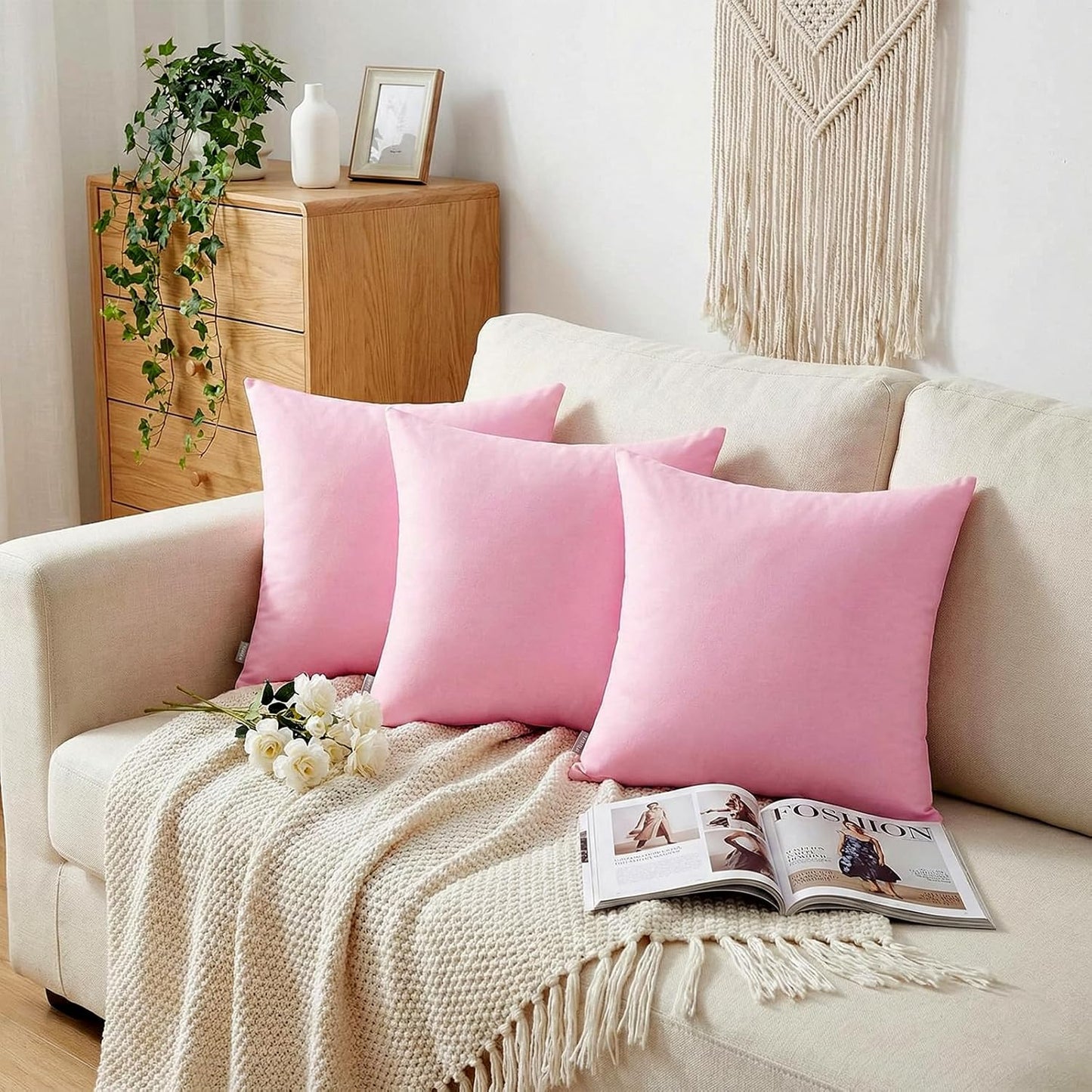 Thmyo 4-Pack 100% Cotton Comfortable Solid Decorative Throw Pillow Case Square Cushion Cover Pillowcases Sublimation Blank DIY Pillow Covers for Sofa(Only Covers, No Pillows)(18x18 inch/45x45cm,Pink)