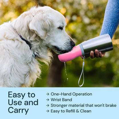 MalsiPree Insulated Dog Water Bottle - 24 Oz, Pink - Leak-Proof Stainless Steel Portable Travel Dispenser & Bowl for Trail Hiking, Park Visit, Camping & Beach Days