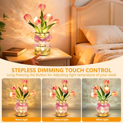 Handmade Flower Lamp,Rechargeable Cordless Touch Table Lamp,3-Colour Infinitely Dimming Small Night Light,Festival Restaurant Bedroom Bar Coffee Shop Birthday Gifts for Women Mom, Tulip Flower
