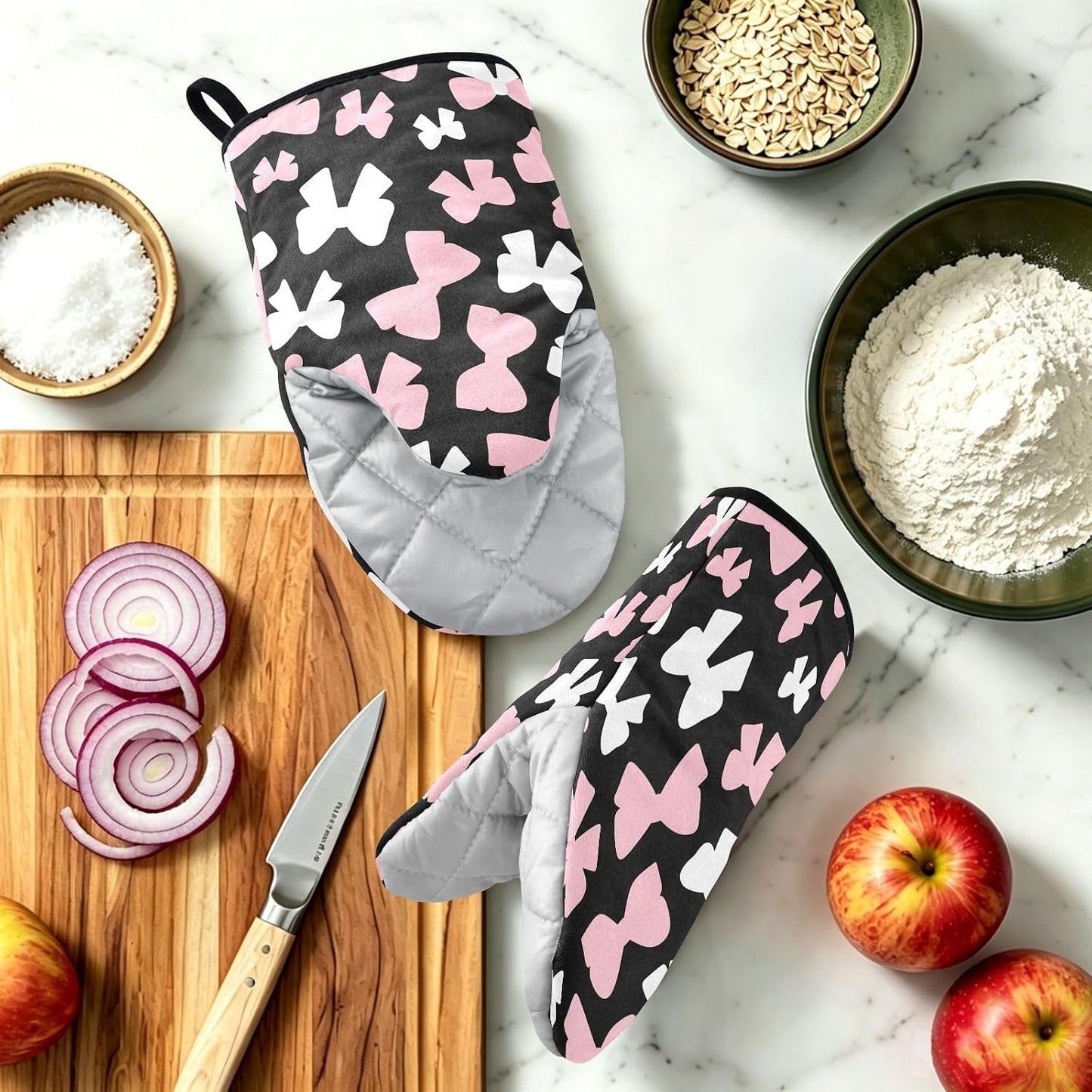 Oven Mitt 2 Pack Set Pink and White Bow Kitchen Mitts Gloves for for Cooking Baking Grilling