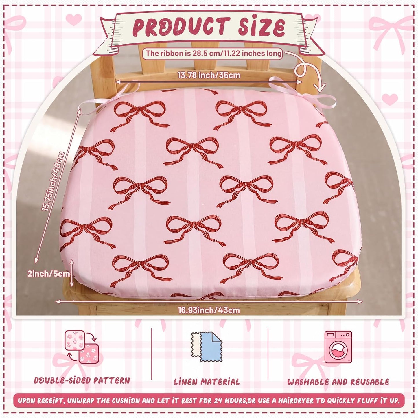 6 Pack Pink Bow Chair Cushions for Dining Chairs 17" x 16" x 2" D-Shaped Breathable Linen Kitchen Chair Pads with Ties Washable Non Slip Seat Cushion for Dining Kitchen Office Indoor
