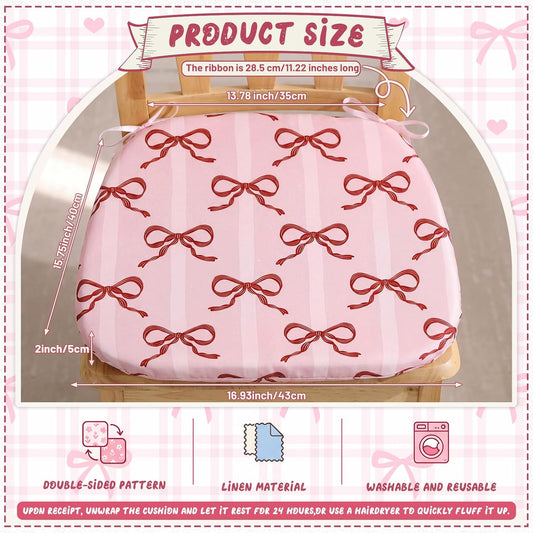 6 Pack Pink Bow Chair Cushions for Dining Chairs 17" x 16" x 2" D-Shaped Breathable Linen Kitchen Chair Pads with Ties Washable Non Slip Seat Cushion for Dining Kitchen Office Indoor