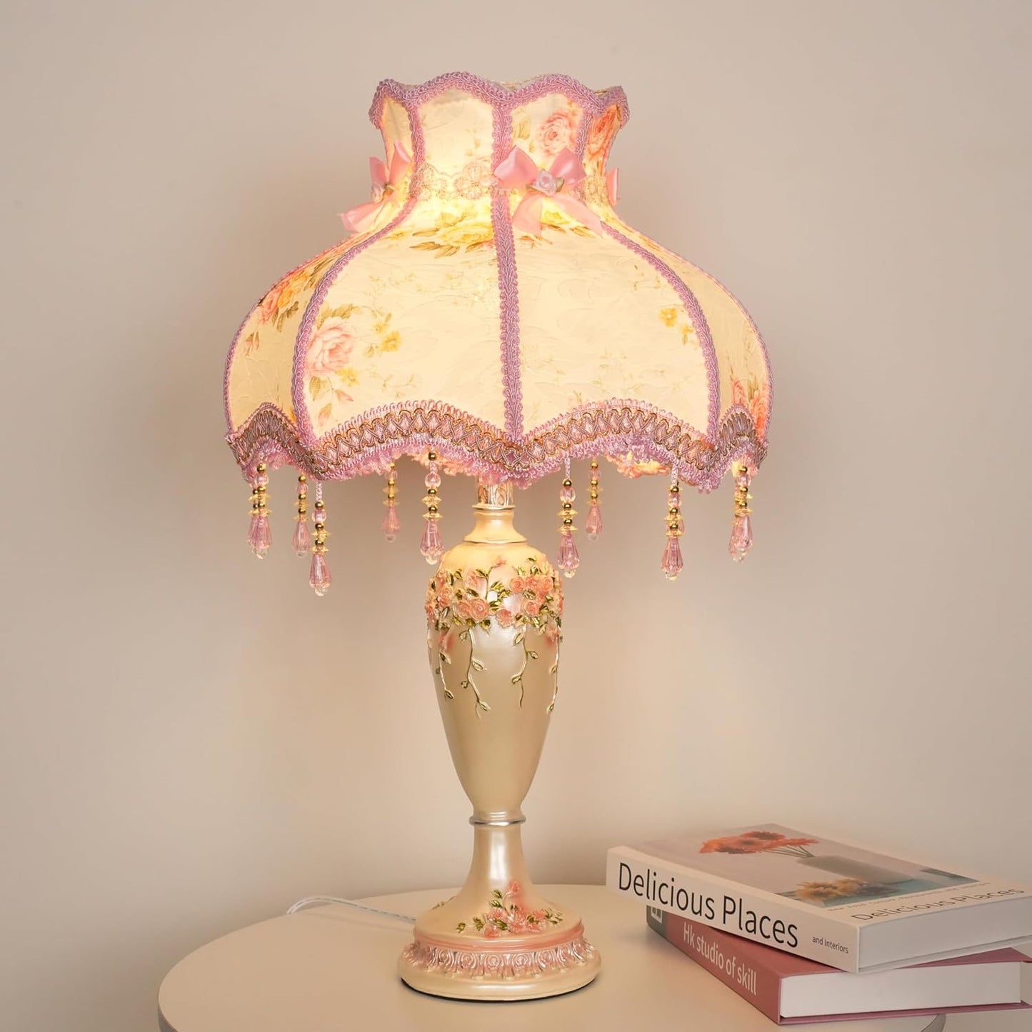 Lovely Table Lamp with Fabric Lampshade, Antique Flower Decorative Bedside Desk Lamp, Handmade Night Light for Bedroom Nightstand