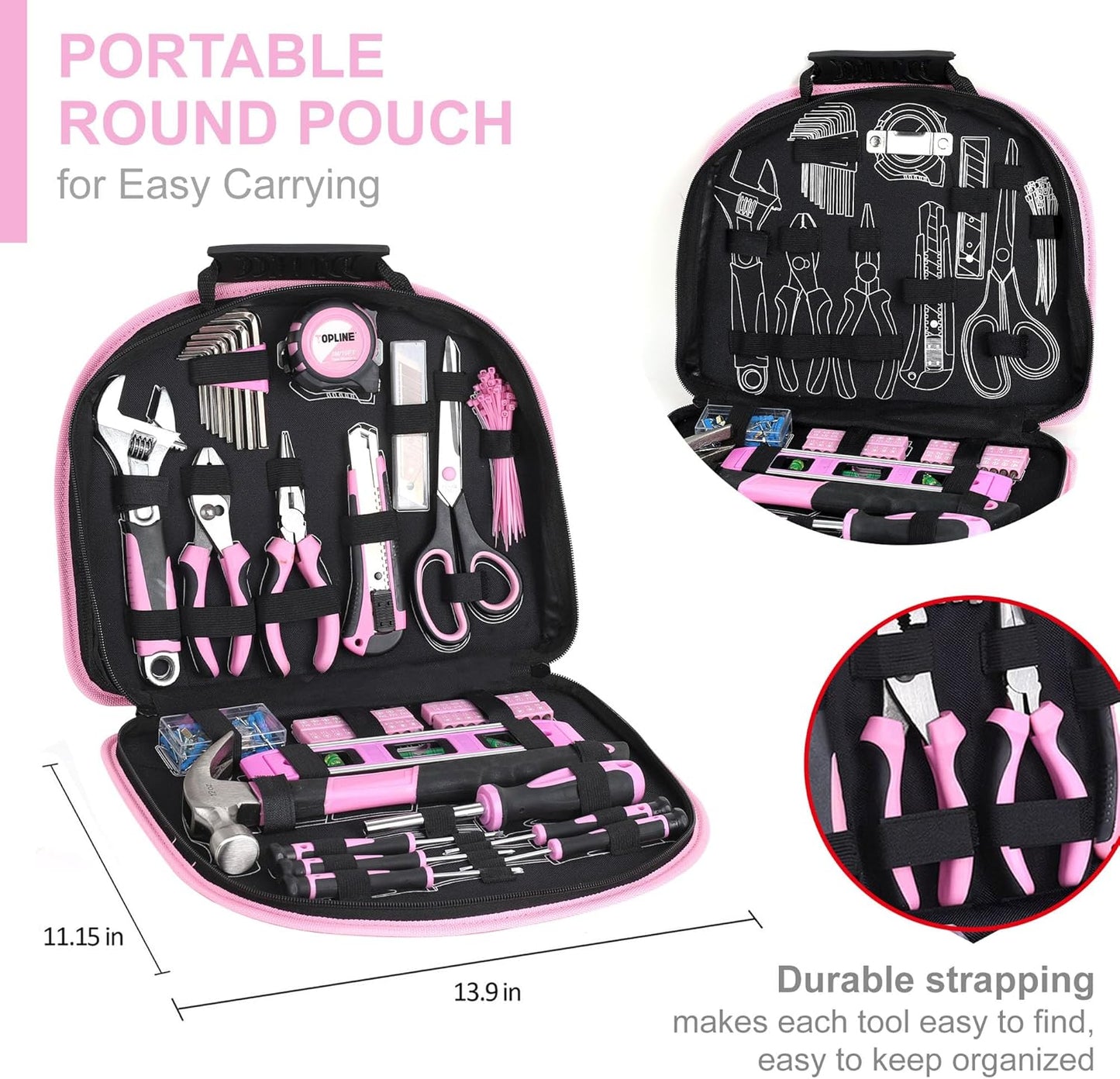 TOPLINE 208-Piece Pink Tool Kits for Women with Round Pouch, Small Tools Kit for Apartment, Home, Household Ladies Pink Tool Set for Best Gifts and Home Maintenance