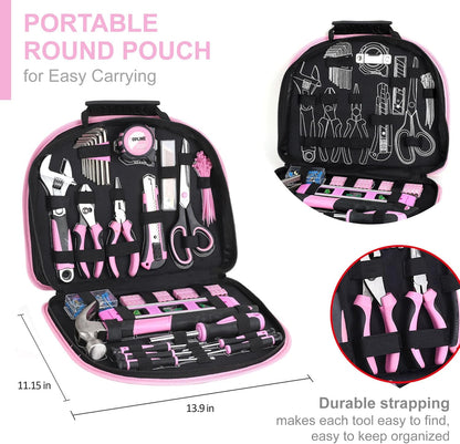 TOPLINE 208-Piece Pink Tool Kits for Women with Round Pouch, Small Tools Kit for Apartment, Home, Household Ladies Pink Tool Set for Best Gifts and Home Maintenance