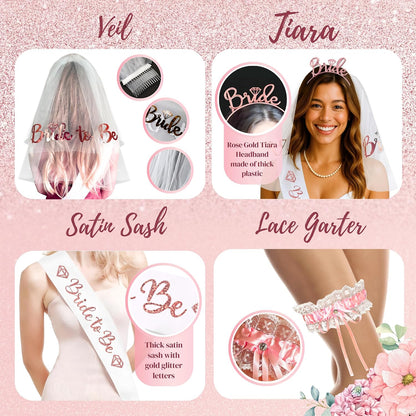 189 Pc Rose Gold Bridal Shower Decorations Kit – Bachelorette Party Set | Oxford-cloth backdrop, balloon arch, Bride-to-Be sash/veil/tiara, 12 photo props, foil balloons + printable games