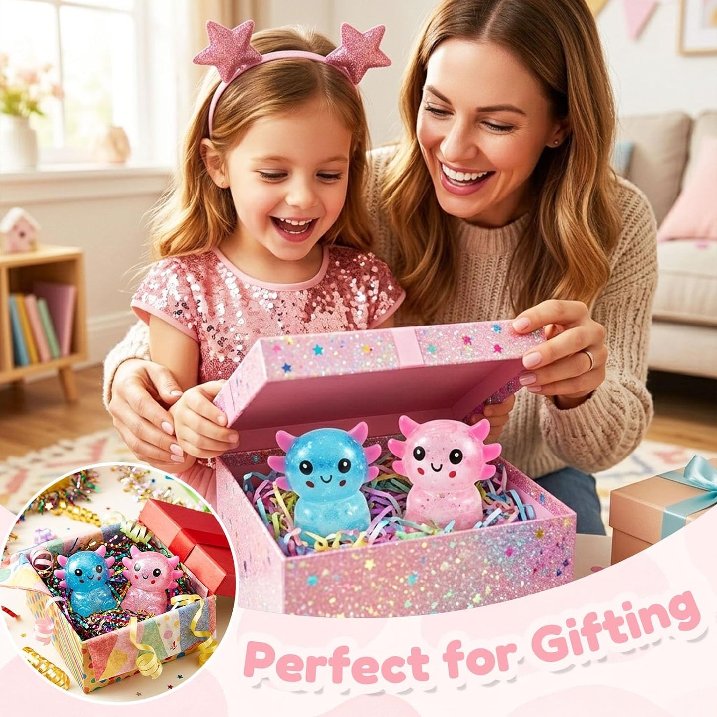 Glitter Axolotls Squishies Toy, Stretchy Axolotls Stress Ball, Soft Squeeze Sensory Fidget Toys for Kids Adults, Cute Easter Basket Stuffers Party Favors Classroom Prizes（Pink）