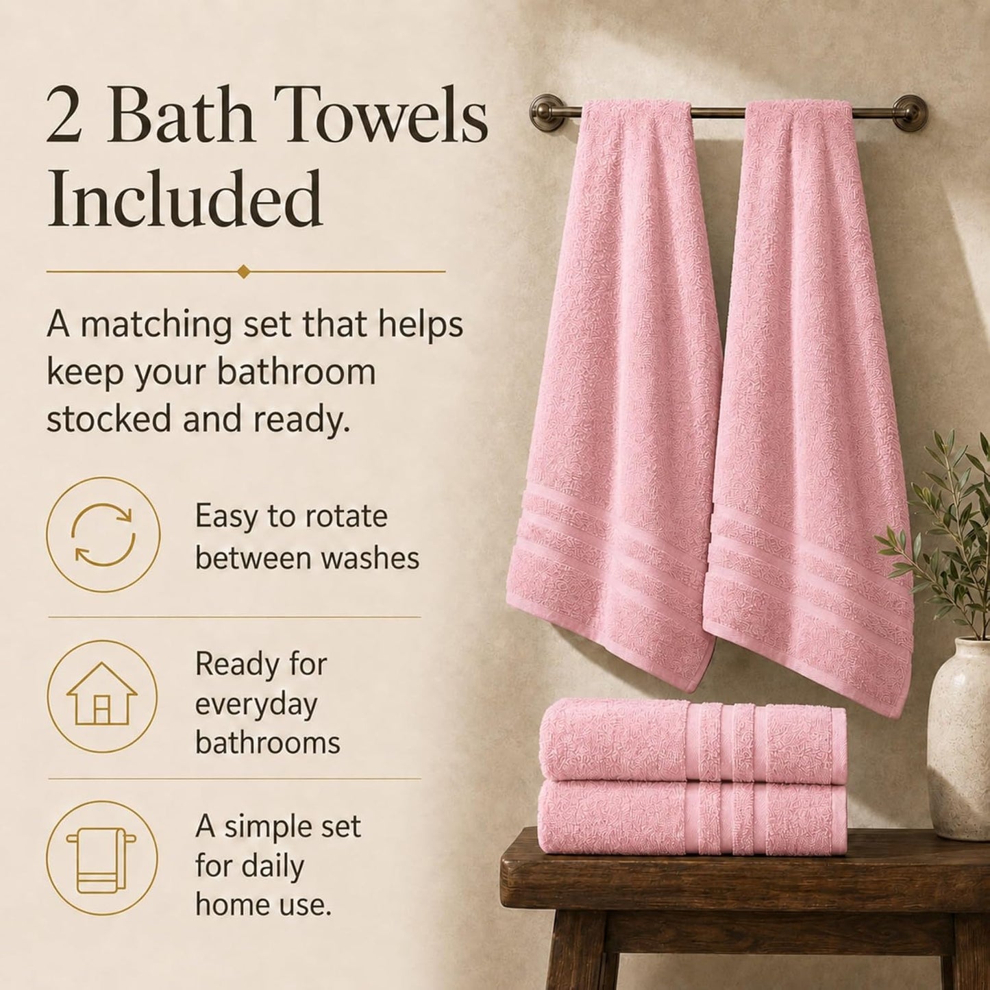 Velqora Bath Towels 2 Pack, 30 x 60 Inches, Large 100% Cotton Towels, Soft, Absorbent, Comfortable for Home, Spa, and Gym, (Pink)