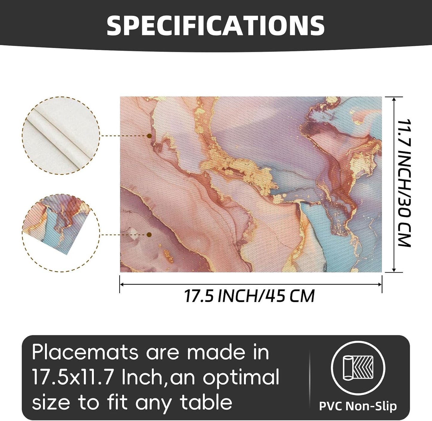 Placemats Set of 4, Slip Place Mats for Dining Table, Fall PVC Table Placemats Washable and Heat Resistant, Modern Table Mats for Kitchen, Dining, Party, Outdoor（Pink Gilded Marble）