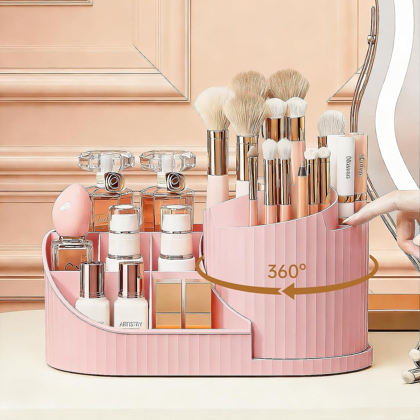 Anyoifax 360 Rotating Makeup Brush Holder Organizer with Divider 5 Slots Make Up Brushes Cup Flower-Shaped Spinning Pen Holder for Vanity, Cosmetics, Lipsticks, Pink
