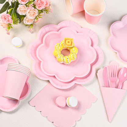 350 Pcs Pink Paper Plates and Napkins Set, Tableware Set for 50 Guests Include Disposable Pink Scalloped Plates, Napkins, Cups, Knives, Forks & Spoon for Baby Shower Wedding Bridal Shower Birthday