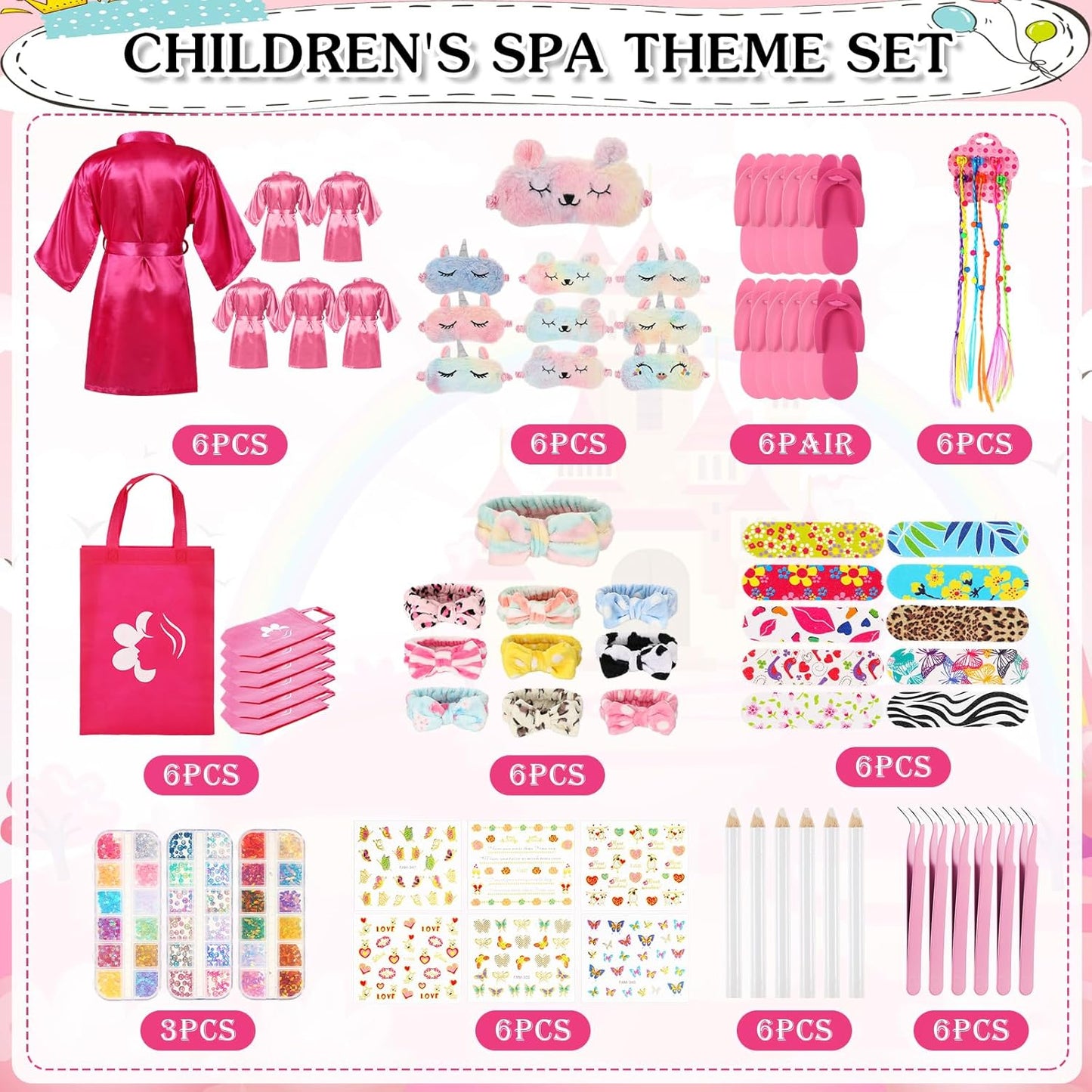 Suhine 6 Sets Girls Spa Birthady Party Supplies Birthday Print Satin Robe Tote Bags Spa Kit Nail Salon Kit(Pink Series)