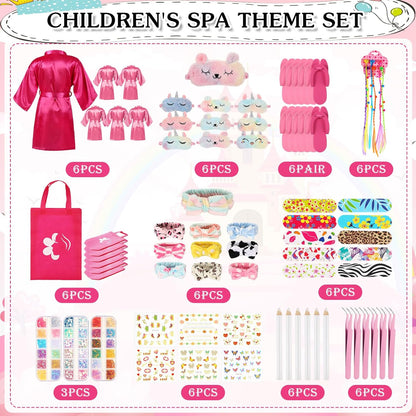 Suhine 6 Sets Girls Spa Birthady Party Supplies Birthday Print Satin Robe Tote Bags Spa Kit Nail Salon Kit(Pink Series)