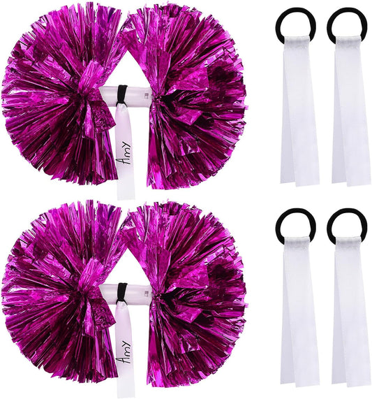 Zoooyawn 2 Pcs Cheerleader Pompoms and 4 Pcs Name Tags Set, Baton Handle Pom Poms Blank Ribbon Cheer Pom Tags for Cheer Squad Sport Costume Accessory Team Sports Dance Cheering Kids Adults (Pink)