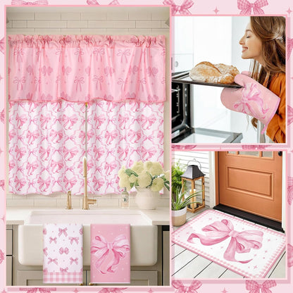 Fourluoo 13 Pcs Pink Bow Kitchen Decor Set 4 Coquette Kitchen Towels 2 Cute Nonslip Rugs and Mats 3 Pink Curtains Valance 2 Pot Holders 2 Oven Mitt for Home Decoration Mom Cooking Grilling Baking Gift