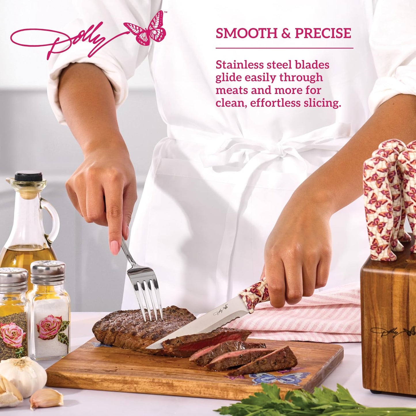 Dolly Parton 7-Piece Steak Knife Set with Pink Handles and Acacia Block for Storage