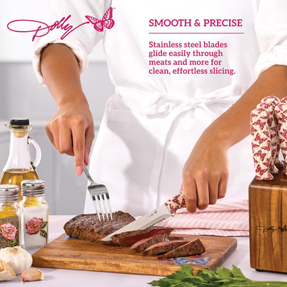 Dolly Parton 7-Piece Steak Knife Set with Pink Handles and Acacia Block for Storage