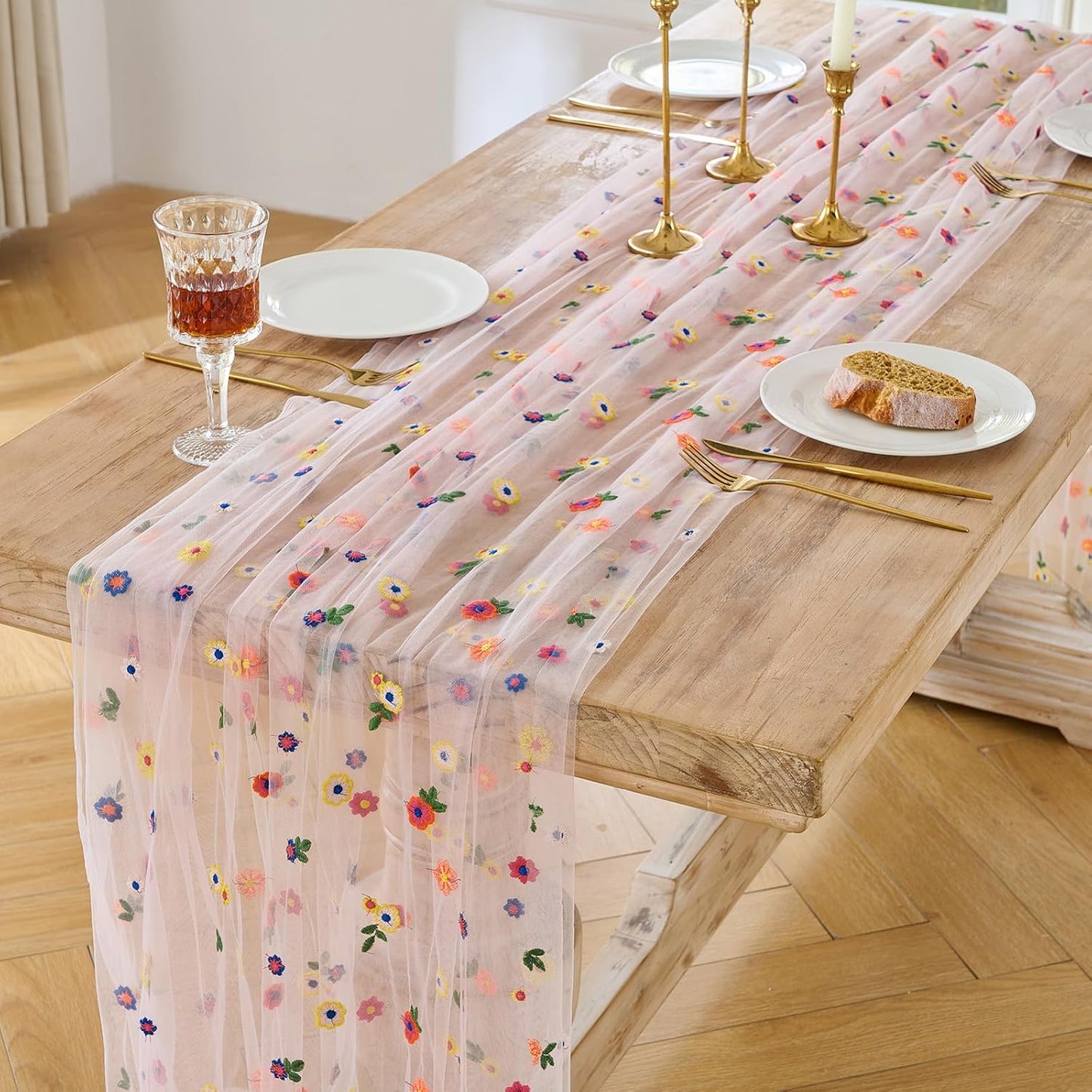 BINBE 1pcs Pink Daisy Spring Table Runner Embroidery Gauze 10FT Florals Seasonal Tulle Holiday Birthday Kitchen Dining Table Decor for Home Party