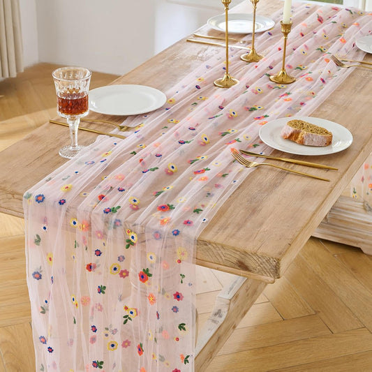BINBE 1pcs Pink Daisy Spring Table Runner Embroidery Gauze 10FT Florals Seasonal Tulle Holiday Birthday Kitchen Dining Table Decor for Home Party