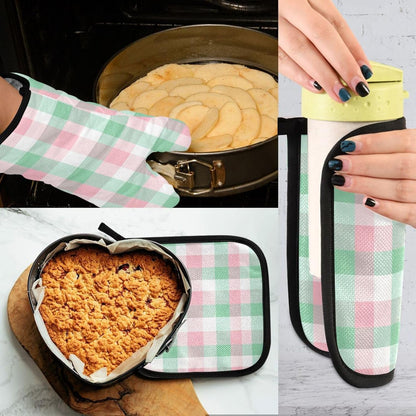 Light Pink Green Checkered Oven Mitts and Pot Holders Set for Cooking Baking Kitchen Decor