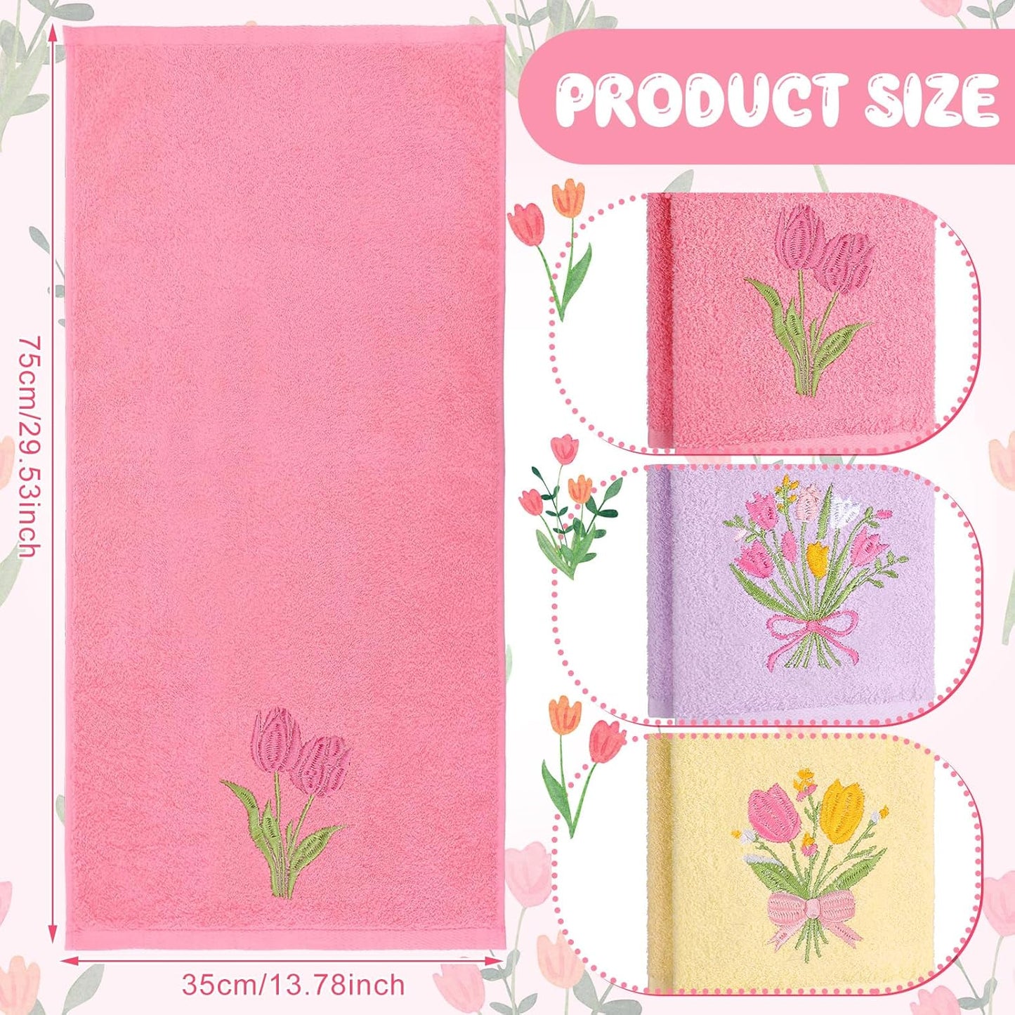 Tingjoo 3 Pcs Pastel Tulips Hand Towels Spring Pink Tulip Bouquet Floral Bath Towels 14 x 29 Inch Soft Cute Flower Washable Embroidered Decorative Spring Summer Cotton Decor for Bathroom Kitchen