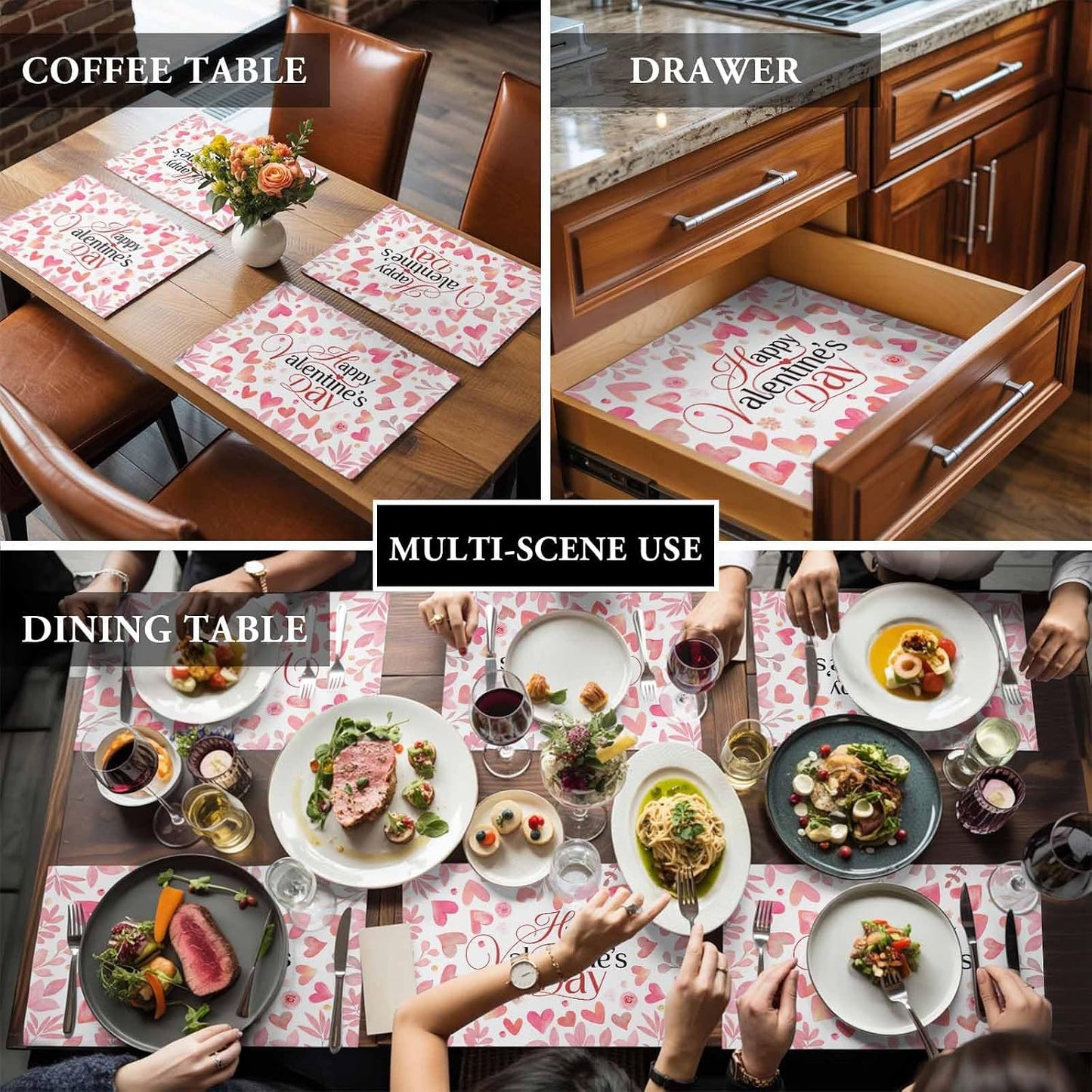 Valentine's Day Placemats for Dining Table Set of 6 Peach Pink Love Floral Modern Romantic Cotton Linen Cloth for Square/Rectangle/Round Table Mat Placemat, Kitchen Dinner Holiday Décor