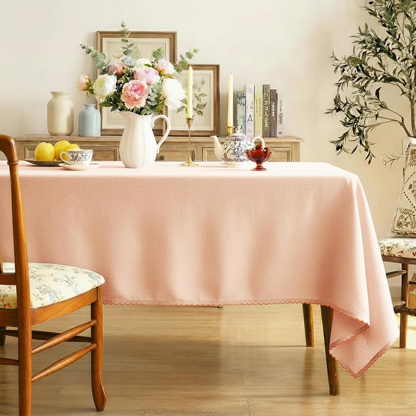 Cotton Tablecloth 60 x 75 Inch Rectangle – Rust Blush Table Cloth with Embroidered Edge Trim - Table Cover for Dining Room, Farmhouse, Kitchen, Home, Party & Wedding Décor