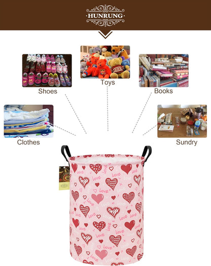 Heart Collapsible Fabric Storage Basket, Waterproof Laundry Hamper with Handles, Round Storage Bin for Clothes Toys, Foldable Organizer for Bedroom Nursery Bathroom(Round-Pink Love Heart)