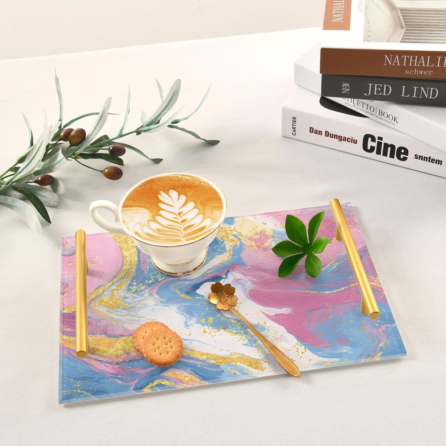 Pastel Pink Blue Marble Print Bathroom Perfume Vanity Tray Acrylic Serving Tray with Handles Decorative Party Platters for Coffee Tea Table Kitchen Countertop