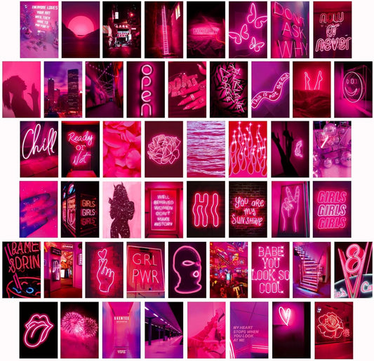 LCLAIDYDY 50 PCS Wall Collage Kit Aesthetic Pictures, Pink Neon Room Decor Posters for Room Aesthetic, Dorm Photo Wall Decor for Teen Girls, VSCO Girl Bedroom Decor (4x6 Inch)