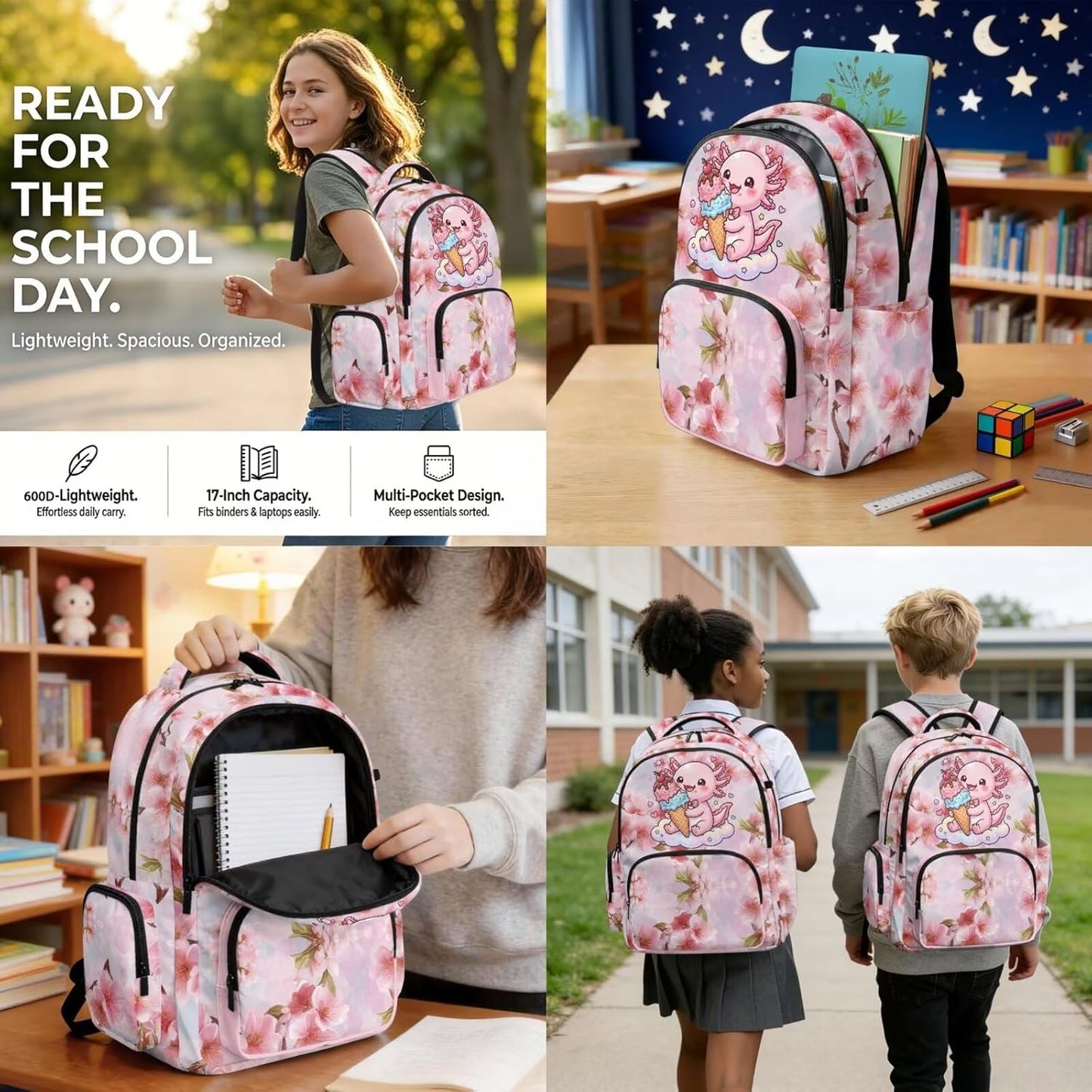 4 Pcs School Backpack Set Cherry Flower Pink Axolotl Print Elementary Student Bookbag 17 Inch Schoolbag with Lunch Box Pen Case Water Bottle Holder Bag for Outdoor