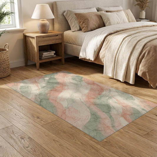 5'x7' Washable Watercolor Abstract Area Rug, Coral Flatwoven Floor Covering for Dining Room, Under Table, Home Office, Non-Slip Chair-Friendly Carpet | Ref:2162479