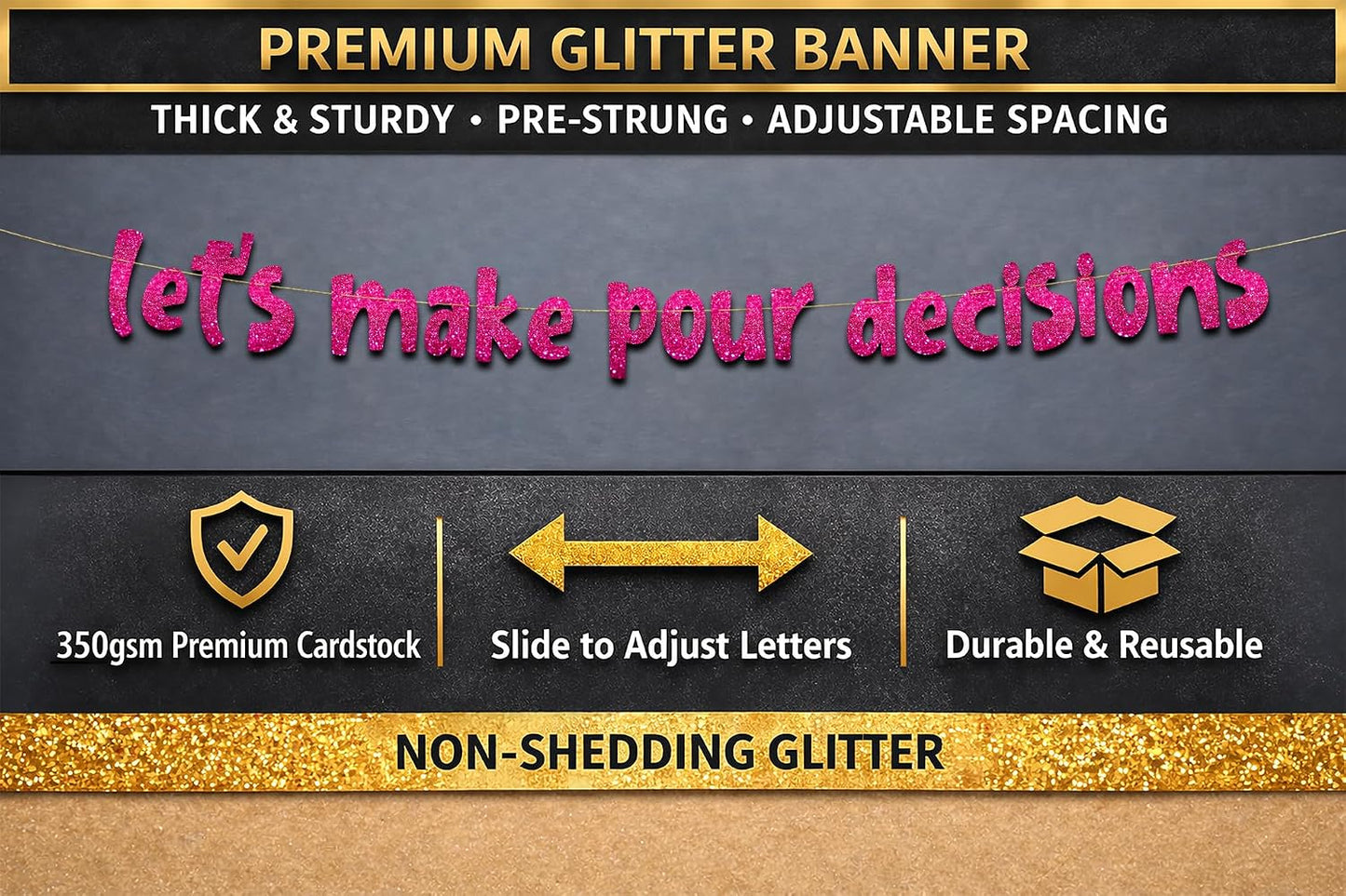 Pre-Strung Lets Make Pour Decisions Pink Glitter Banner - Bachelorette Party Decorations for Her - Party Supplies, Favors and Gifts