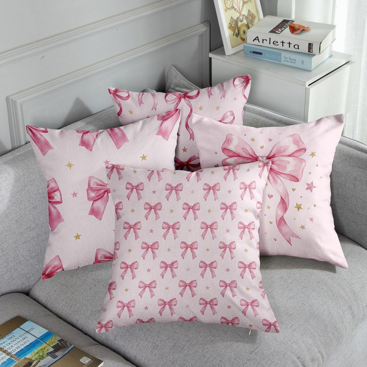 Throw Pillow Covers 18x18 Set of 4, Pink Bow Decorative Pillow Cases, Girly Coquette Cushion Covers for Couch Bed Sofa Living Room Home Decor