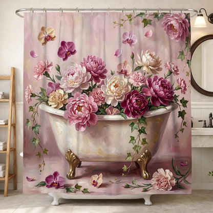 Peony Shower Curtain, Floral Romantic Orchid Ivy Spring Peach Waterproof Fabric Toile Cloth Shower Curtains for Home Bathroom Toile Hotel Decor 72x78 Inch