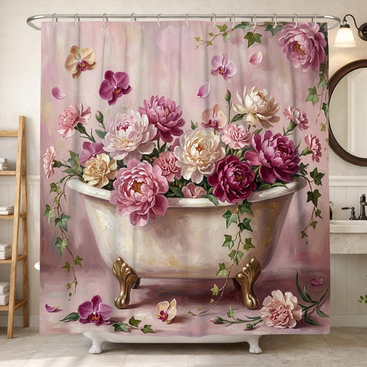 Peony Shower Curtain, Floral Romantic Orchid Ivy Spring Peach Waterproof Fabric Toile Cloth Shower Curtains for Home Bathroom Toile Hotel Decor 72x78 Inch